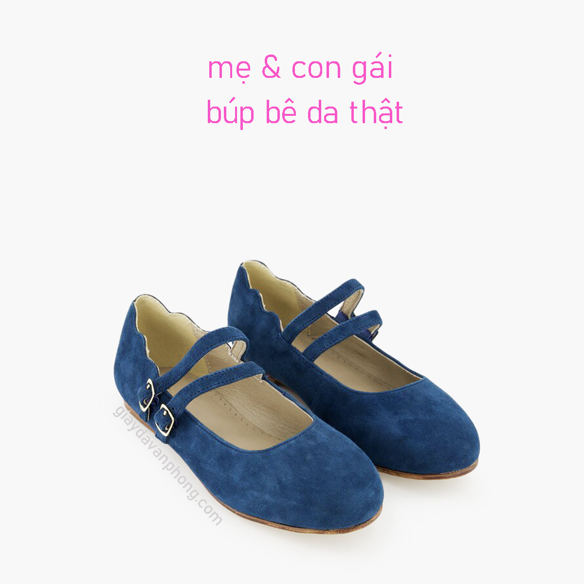 GIÀY MẸ VÀ BÉ QUAI NGANG XANH DƯƠNG DA THẬT