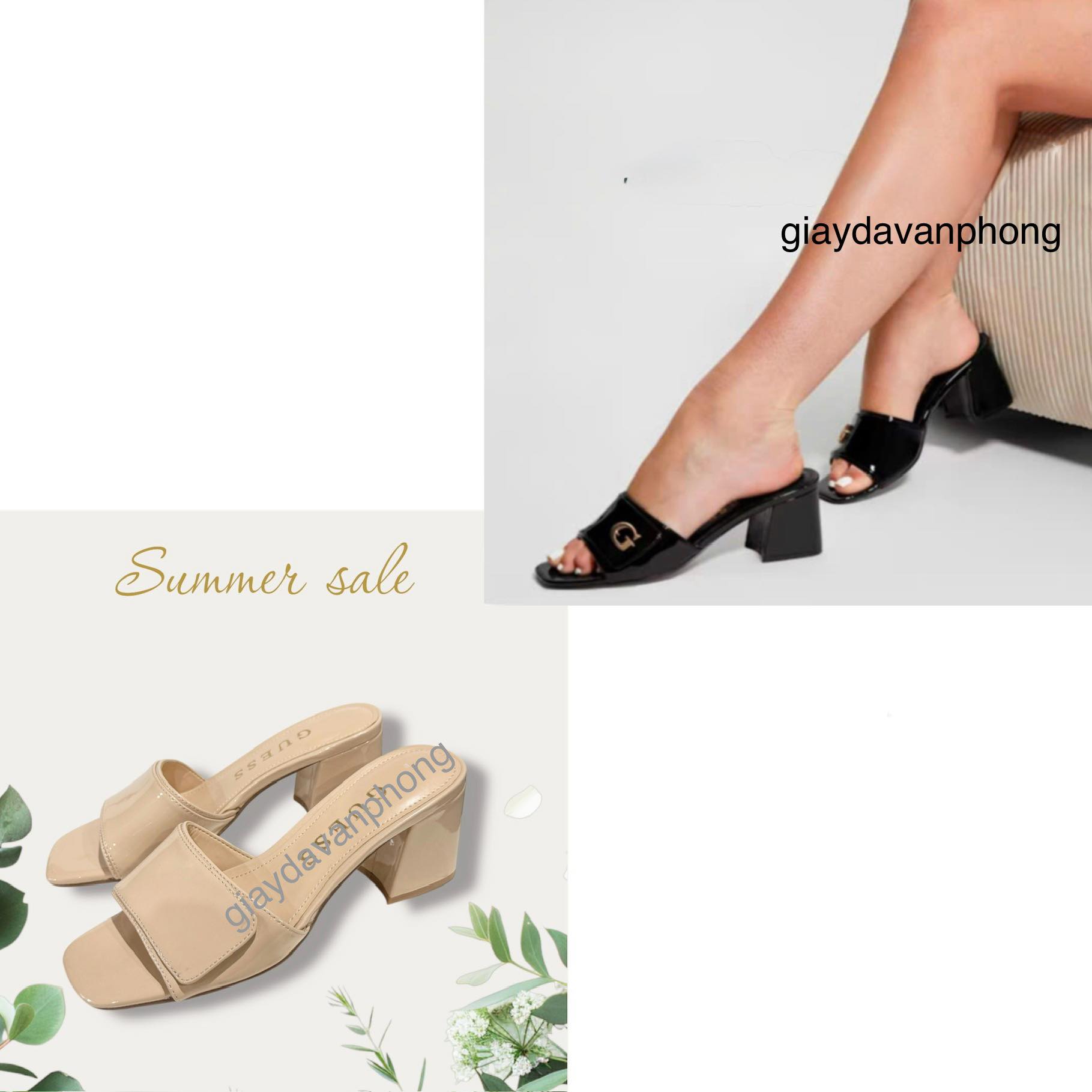 Guốc cao gót quai bản ngang đính logo da bóng