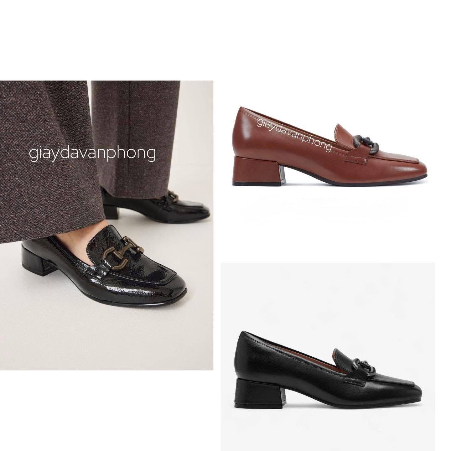 Giày Loafer gót vuông phối khóa kim loại da thật