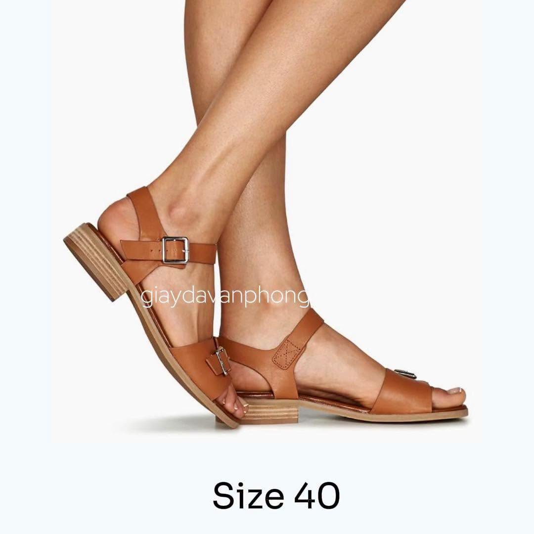 Giày sandal bệt da quai ngang khóa cài đế thấp